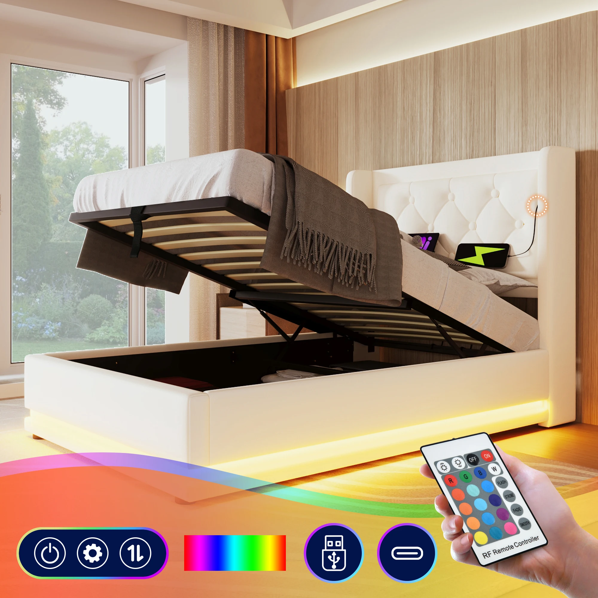 Merax Upholstery Bed 90x200 Single Bed USB C Headboard 3 Sided Hydraulic Bed