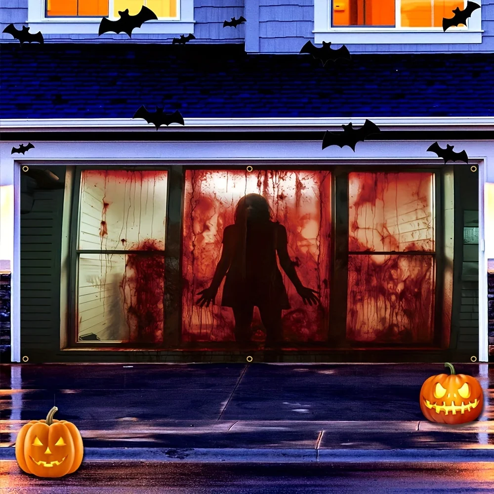 Gruseliger weiblicher Geist, Halloween-Garagentor-Banner-Dekoration, Polyester, geeignet für die Heimdekoration von Halloween-Partys
