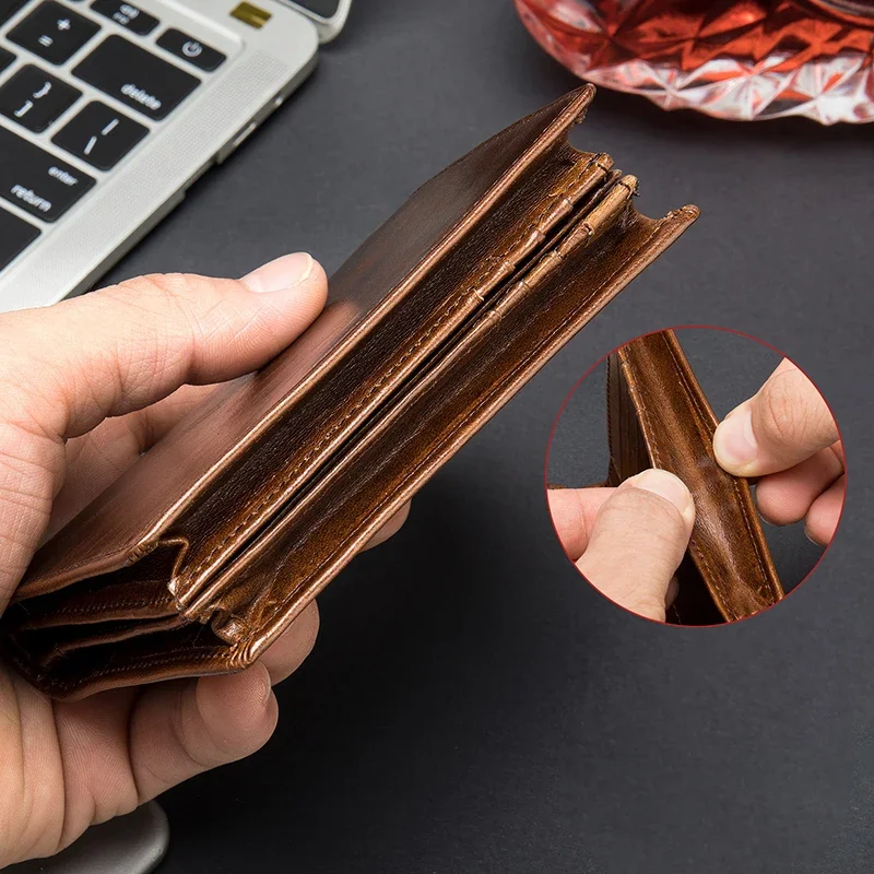 Men's Cowhide RFID Genuine Leather Short Top Layer Card Holder Small Bag Business Bank ID Cash Purse Gifts Black Brown Wallet