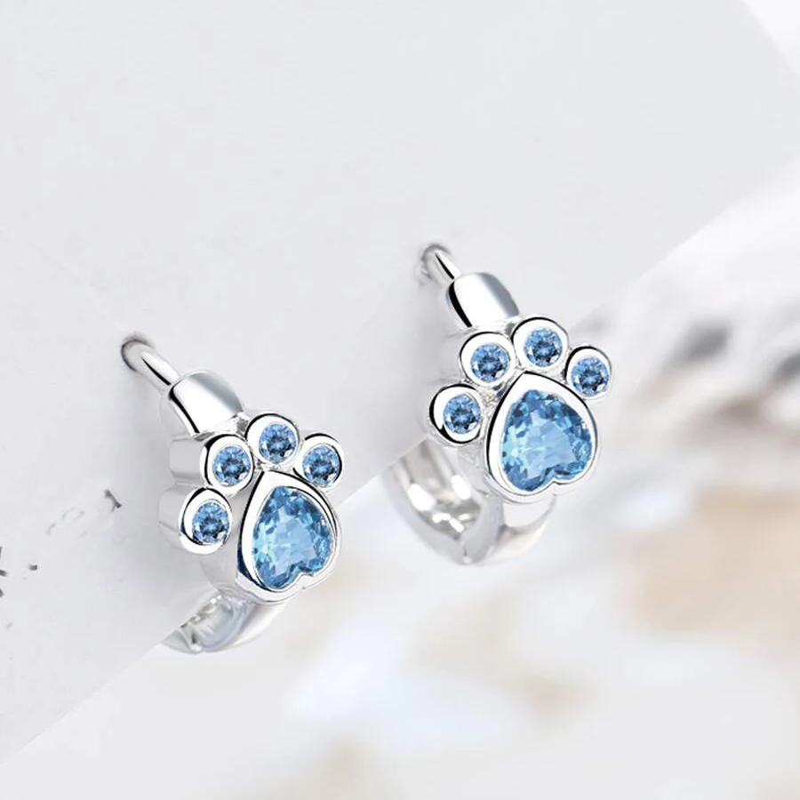 Silver Color Cat Paw Hoop Earrings Light Blue Heart Shape Round Crystal Stone Cute Girls Earrings Blue Zircon Party Hoops