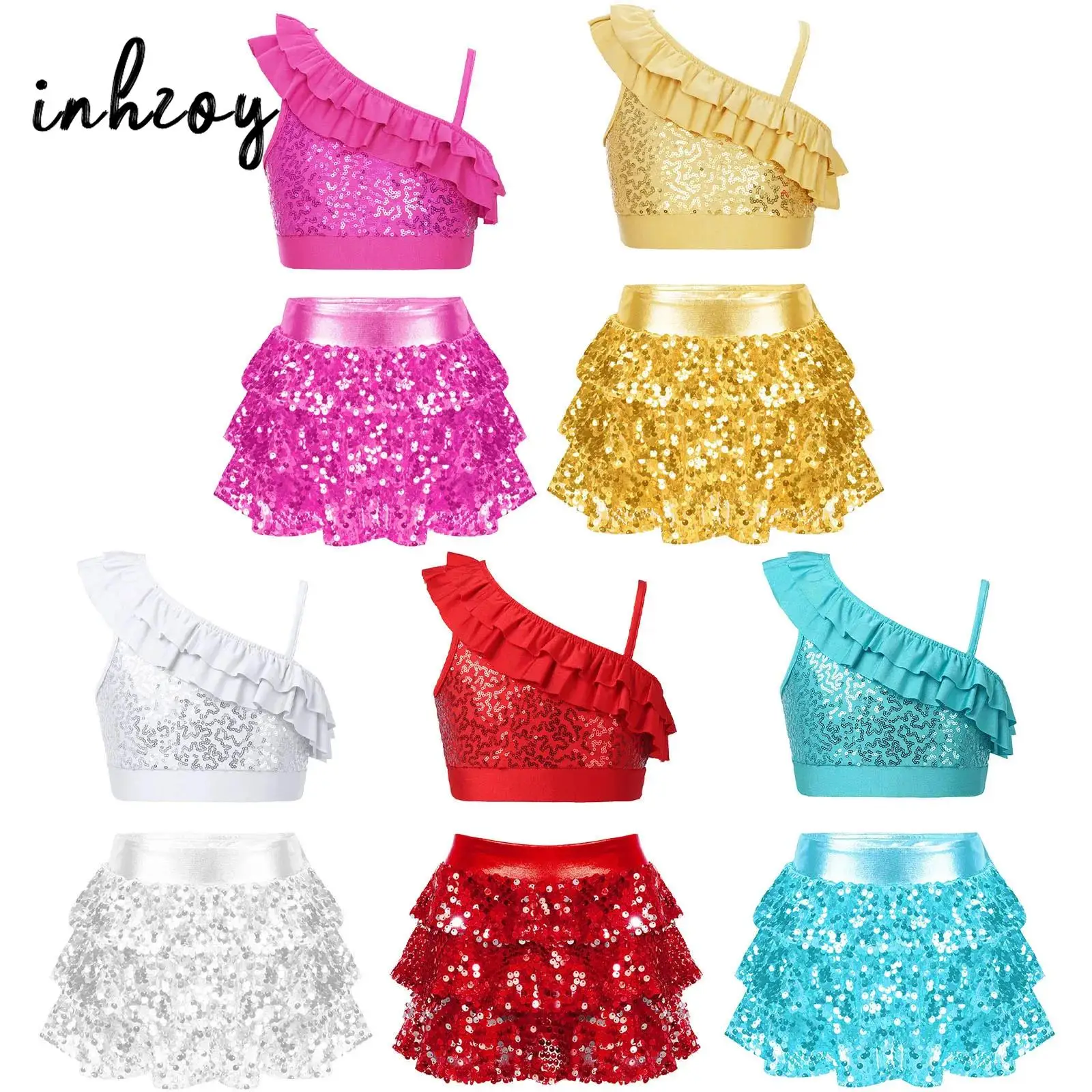 2Pcs Kids Girls Shiny Sequins Dance Outfits Oblique Shoulder Crop Top with Skirted Shorts Set for Hip Hop Jazz Latin Performance