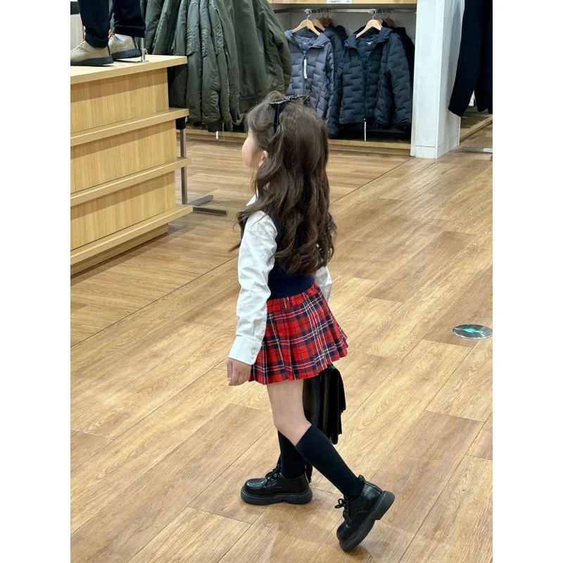 Girls Tartan Skirt2024Spring New Children Skirt Children's Exposure-Proof Belt Lining Pants Skirt Fashion