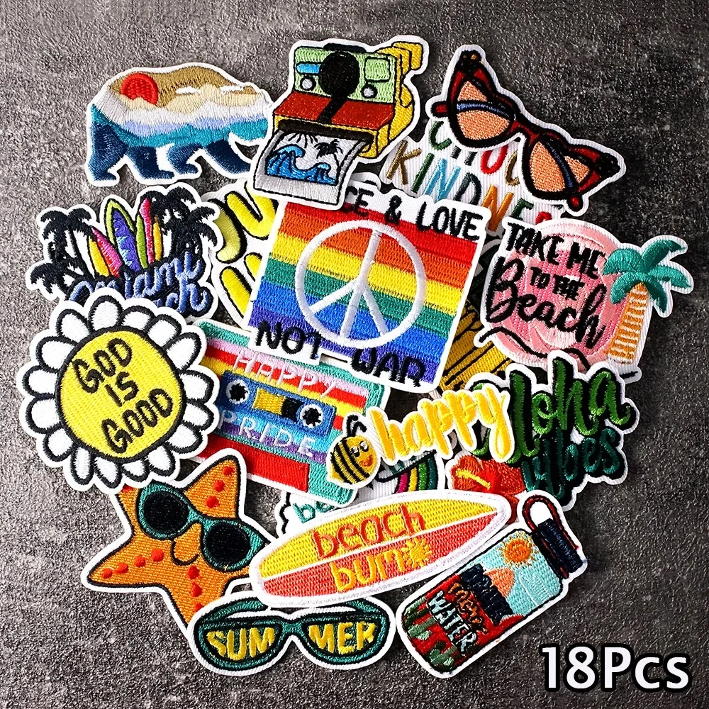 

18Pcs/Lot PEACE SUMMER BEACH BUMO Patches Embroidery Applique Ironing Clothing Sewing Supplies Decorative Badges HANDMADE Patch