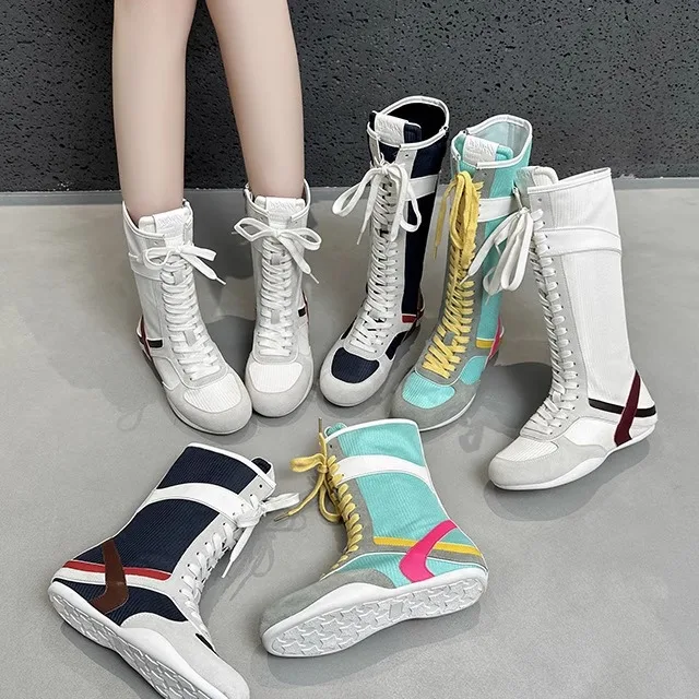 

Casual High-Top Flat Bottom Booties Soft Bottom Leather Fashion Color Block Tie Design Comfortable Breathable for Women