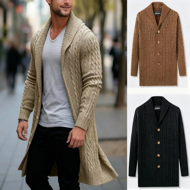 

Мужской вязаный кардиган 2025 года, длинный массивный свитер в стиле бохо, открытая передняя часть с закрученным узором в европейском стиле