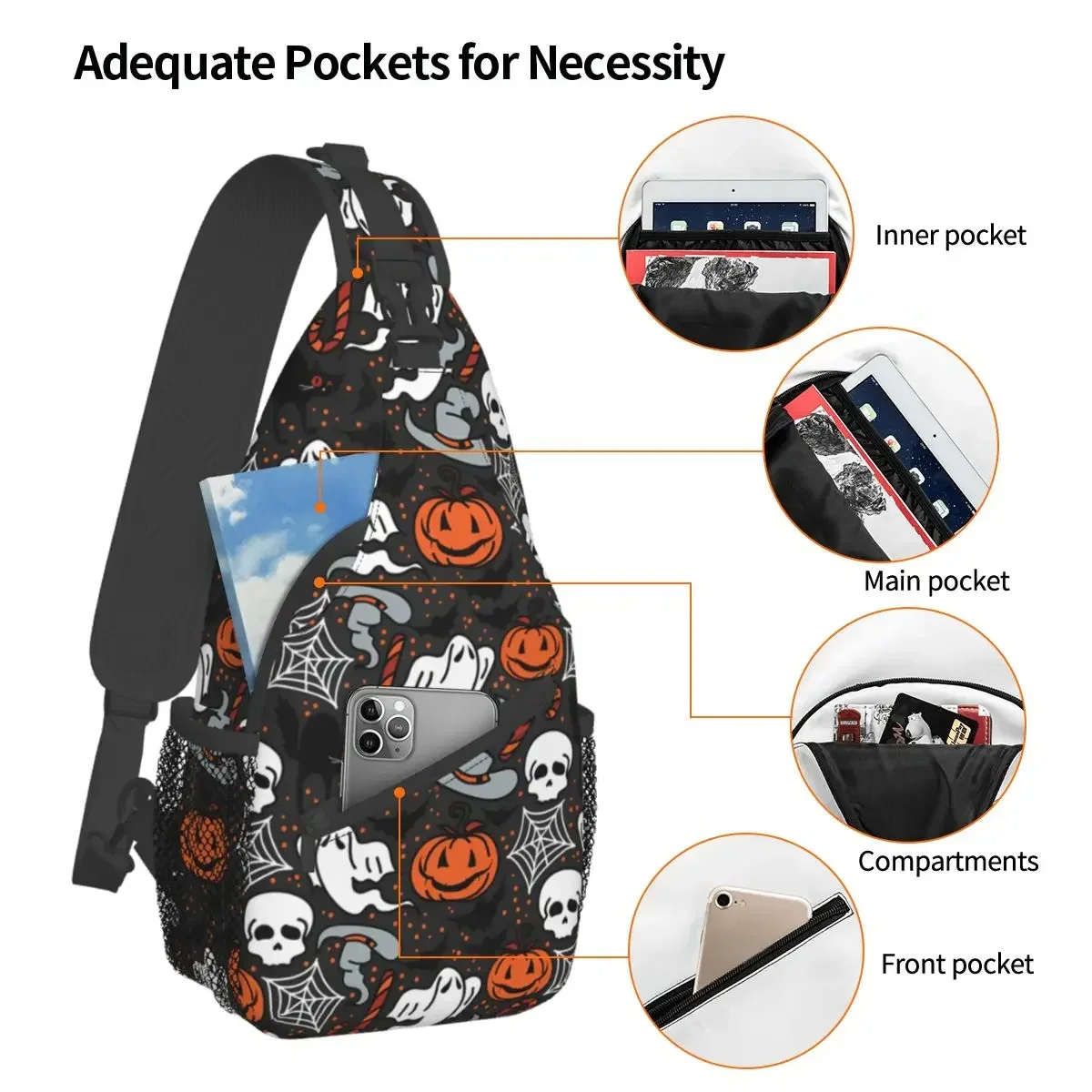 Doodle Ghosts Crossbody Torby na klatkę piersiową Halloween Kieszenie Pakiet podróżny Messenger Sportowa torba na ramię dla nastolatków unisex