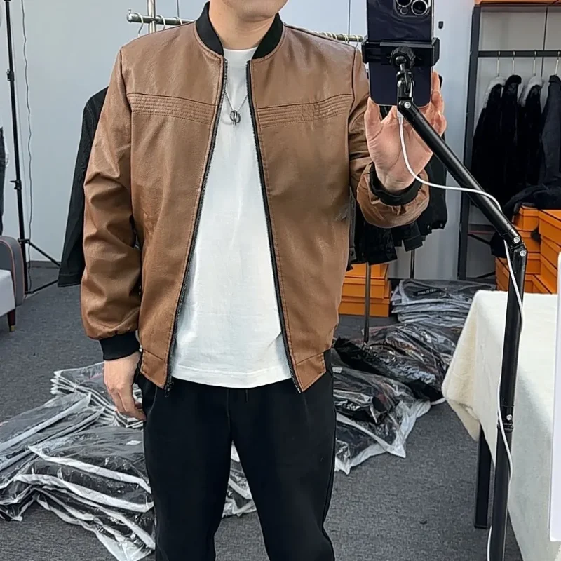 

New Leather Jacket Men's Bomber Collar Spring Autumn Lightweight Fashion Casual Versatile Minimalist Best Seller Outerwear
