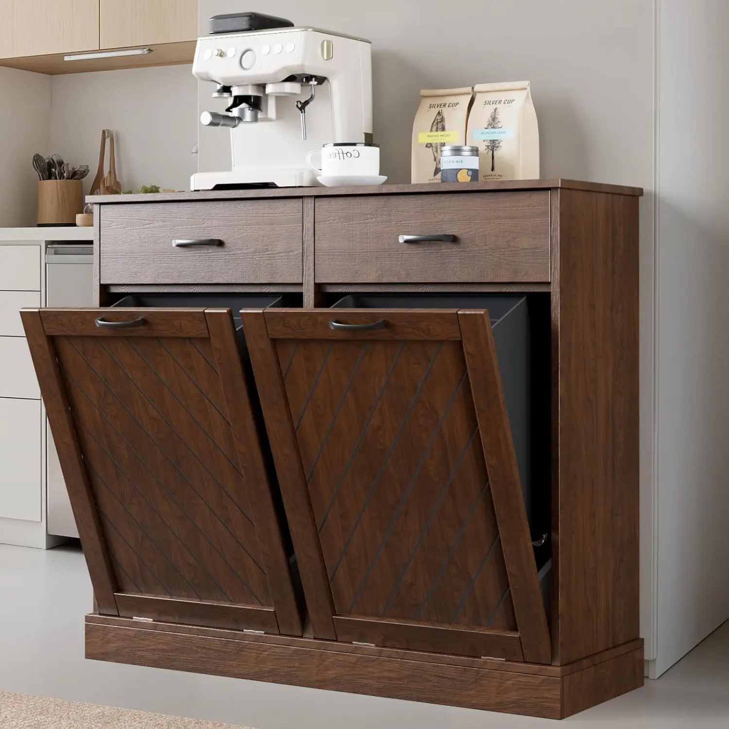 Tilt Out Wooden Trash Cabinet 2x13 Gallon, Freestanding Hidden Garbage Bin with Drawer, Pet-Proof Kitchen Storage, Customized