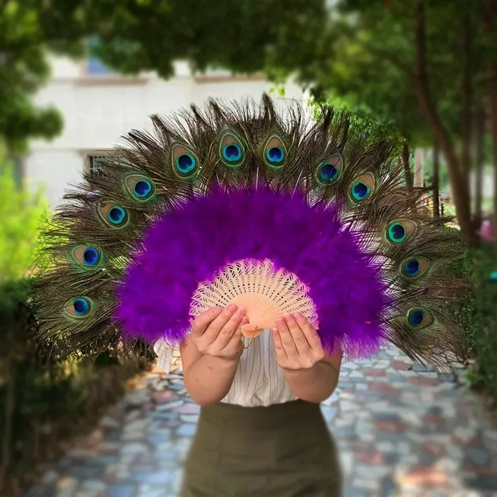 New Ancient Style Large Peacock Fur Fan Multicolors 65cm Cheongsam Show Live Fan Gothic Dance Hand Fan Wedding Party Decoration