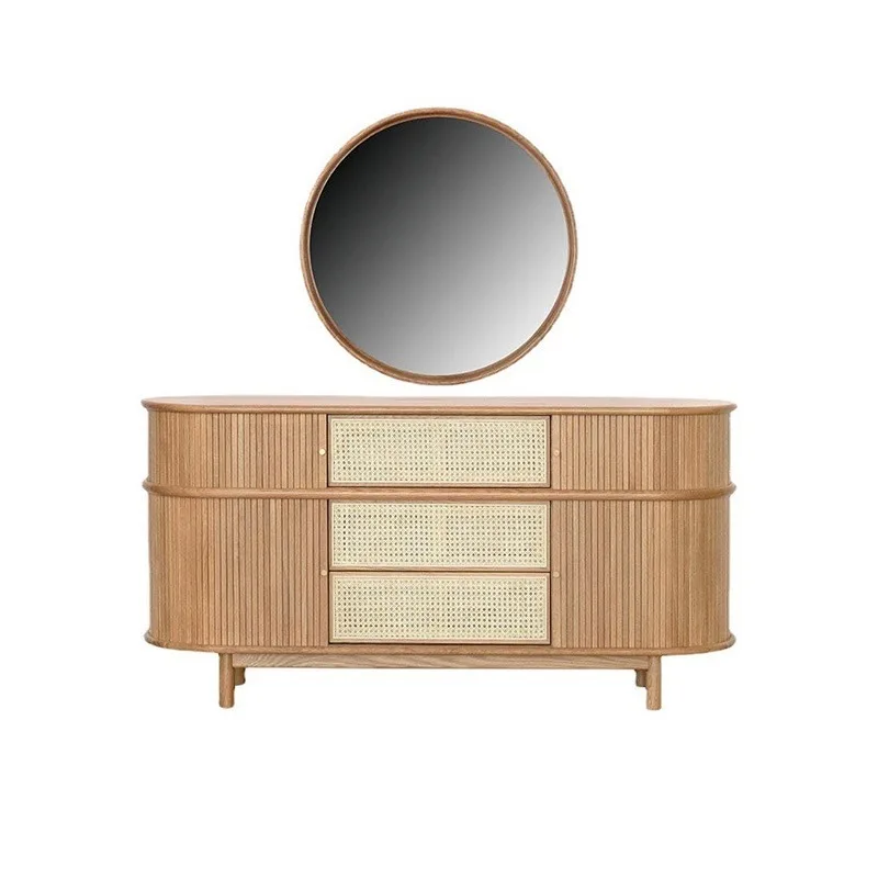 

Nordic solid wood rattan dining side cabinet small apartment household retro roller shutter porch side cabinet