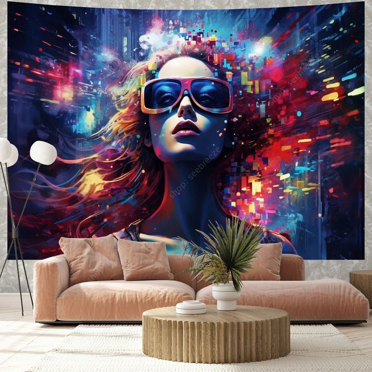 Cool Cyberpunk Woman UV Reactive Tapestry Psychedelic Art Mystic Kawaii Room Decor Mandala Yoga Mat Picnic Carpet Beach Towel