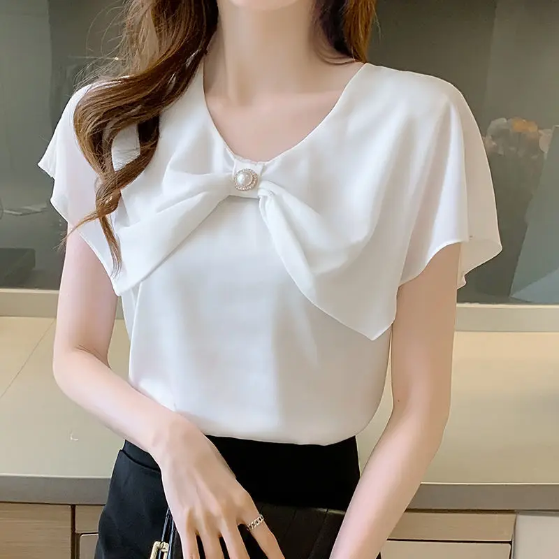 Female Korean Fashion Beading Ruffles Casual Chiffon Shirt Summer Women\'s Clothing All-match O-Neck Patchwork Solid Color Blouse