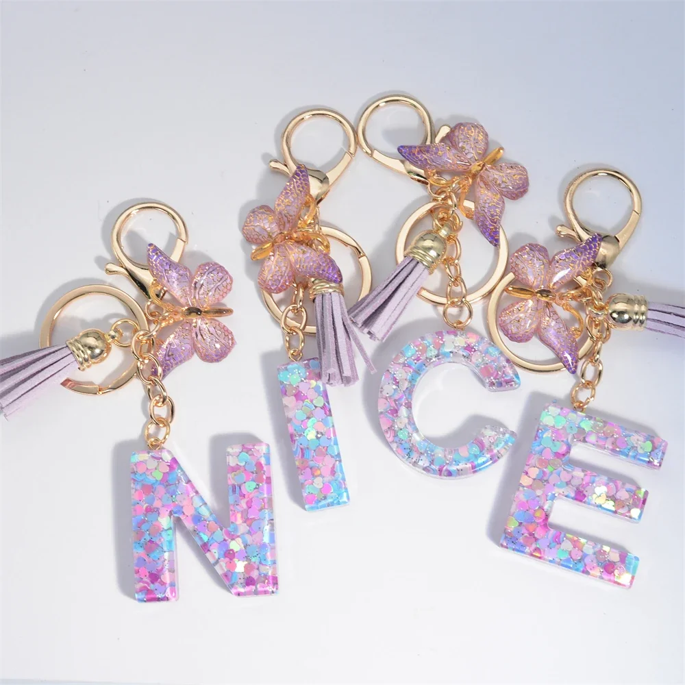 Fashion Tassel Butterfly 26Letter Keychain Colorful Love Heart Filled Resin Alphabet Keyring Women Girls Car Bag Phone Pendant