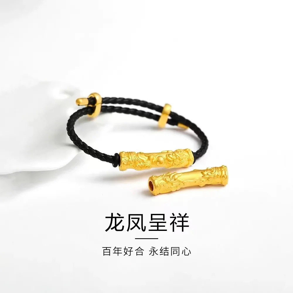 9999 real gold 24 K Dragon Phoenix Chengxiang bend pipe leather rope bracelet for men and women