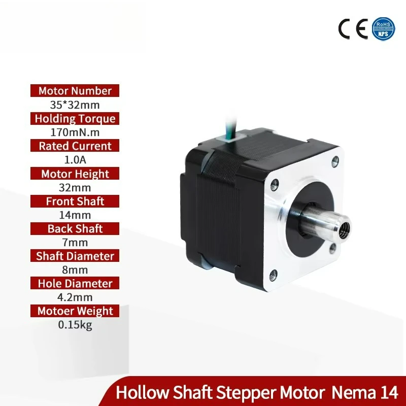 High-precision NEMA 14 stepper motor with hollow shaft and M5 thread for advanced applications in automation and robotics