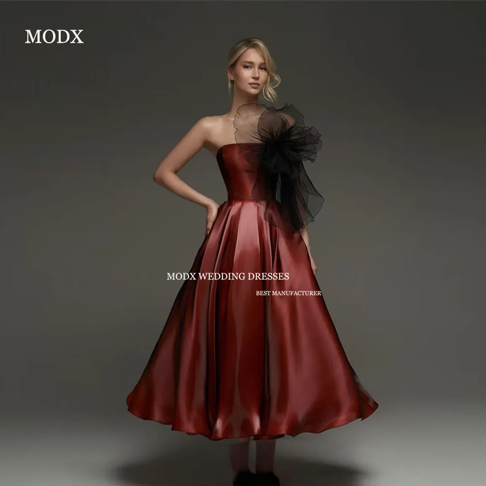 

MODX Modern Dark Red Evening Party Dresses Strapless Bowknot Tea length Formal Event Occasion Gowns Silk Satin CUSTOMIZED