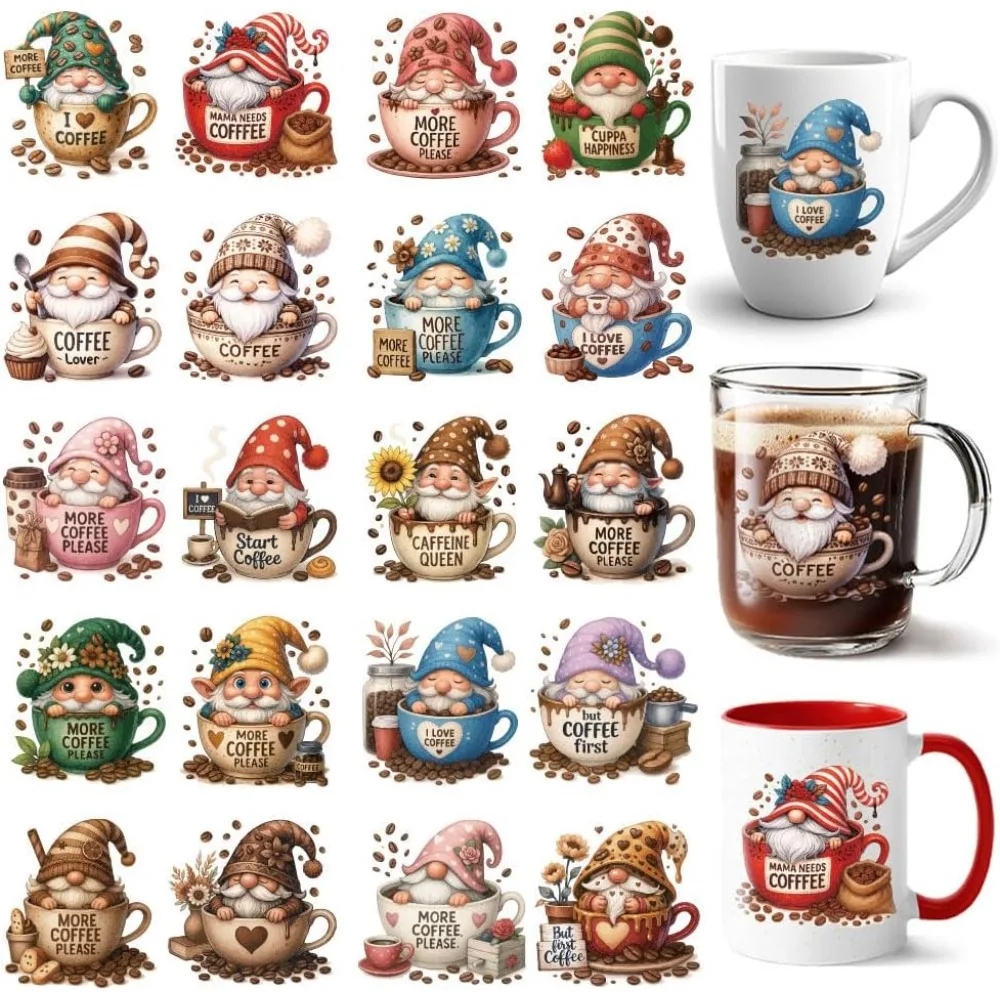 

20 Pcs Coffee Gnomes UV DTF Cup Wraps 10 Sheets Colorful Coffee Lovers Cup Transfer Decals Waterproof Rub