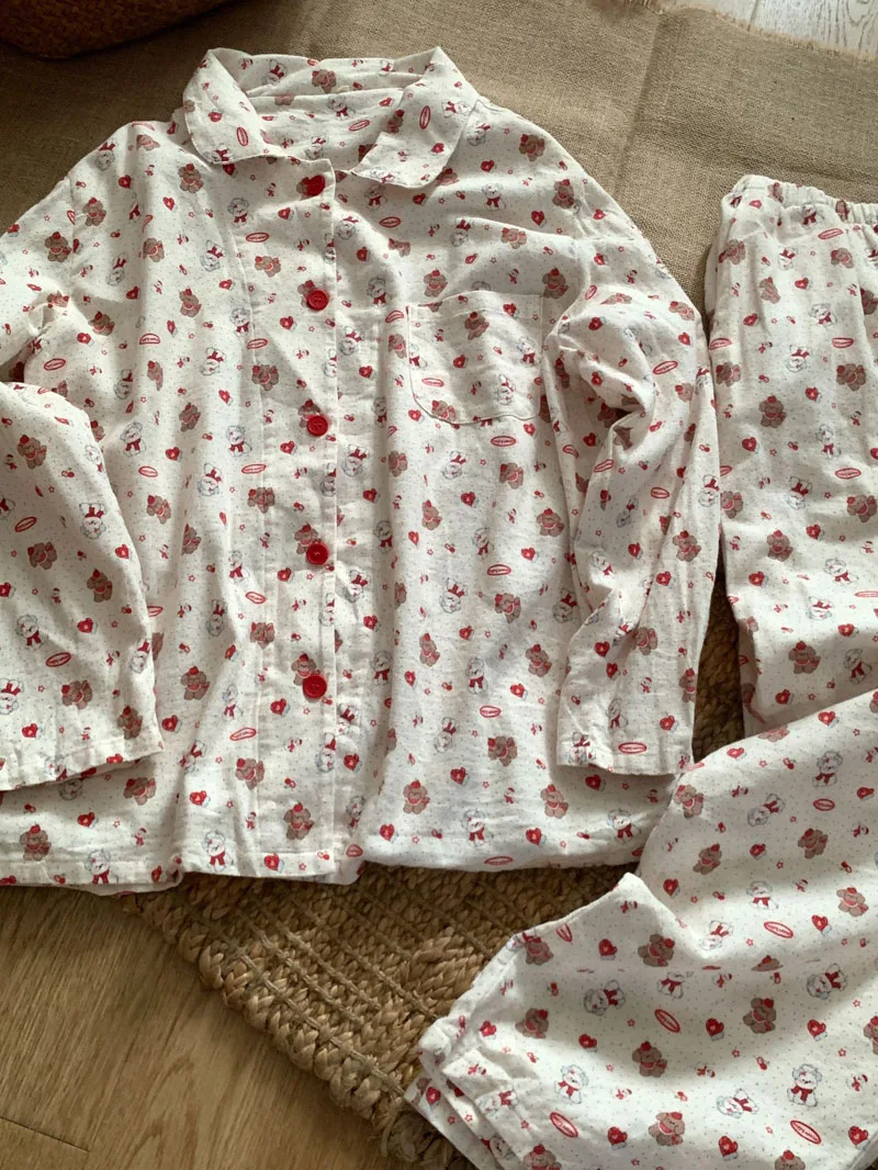 

Summer Thin Long Sve Home Clothes Set for Women Cotton Gauze Print Collar Spwear Two-Piece Cartoon Sle Comfortable