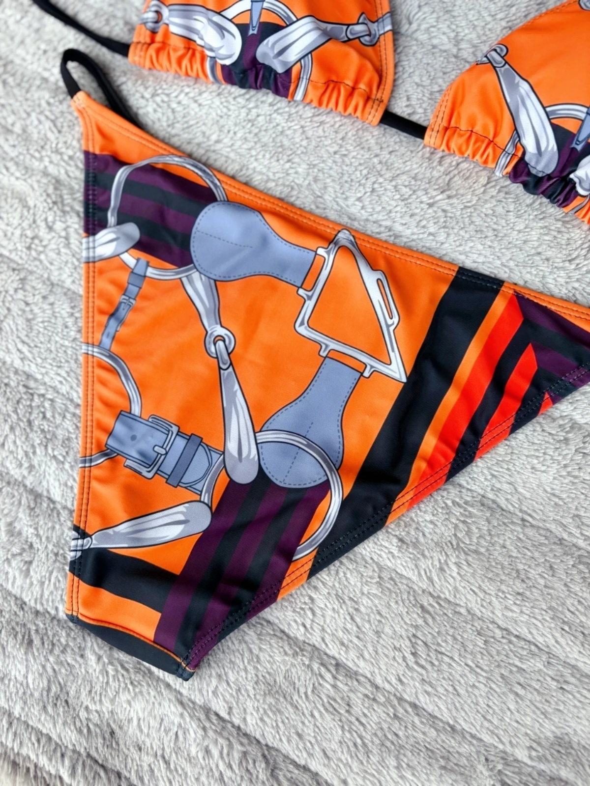 Luxury Sexy Orange Geometry Print Bikini 2 pieces Set Women Halter Elastic Thong Swimsuit Beach Bathing Suit Holiday Beachwear - Image 4