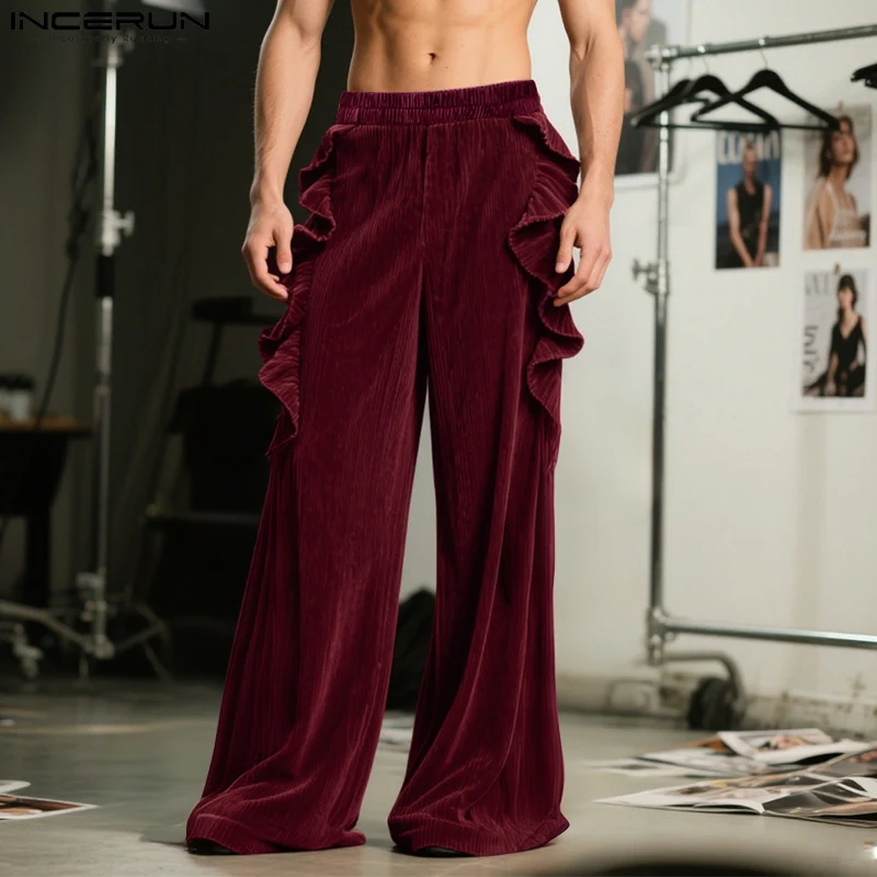 INCERUN 남성 바지 솔리드 컬러 신축성 있는 허리 조거 팬츠 러플 벨루어 바지 남성 스트리트웨어 루즈 2025 패션 캐주얼 롱 팬츠