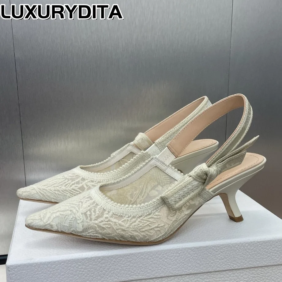 Top Quality Luxury Womens Sandal Casual Lace Flat Fashion Embroidered Muller Shoes Designer Silk Leather Soled High Heel 0530