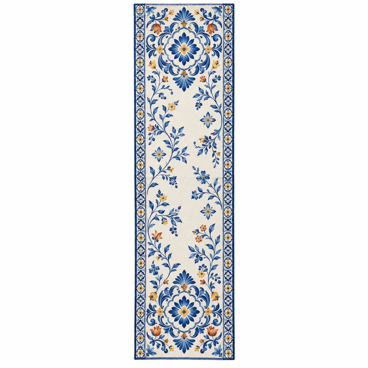 Mediterranean Blue Floral Table Runner Vintage Tile Pattern Dining Table Decor Farmhouse Kitchen Home Party Decoration