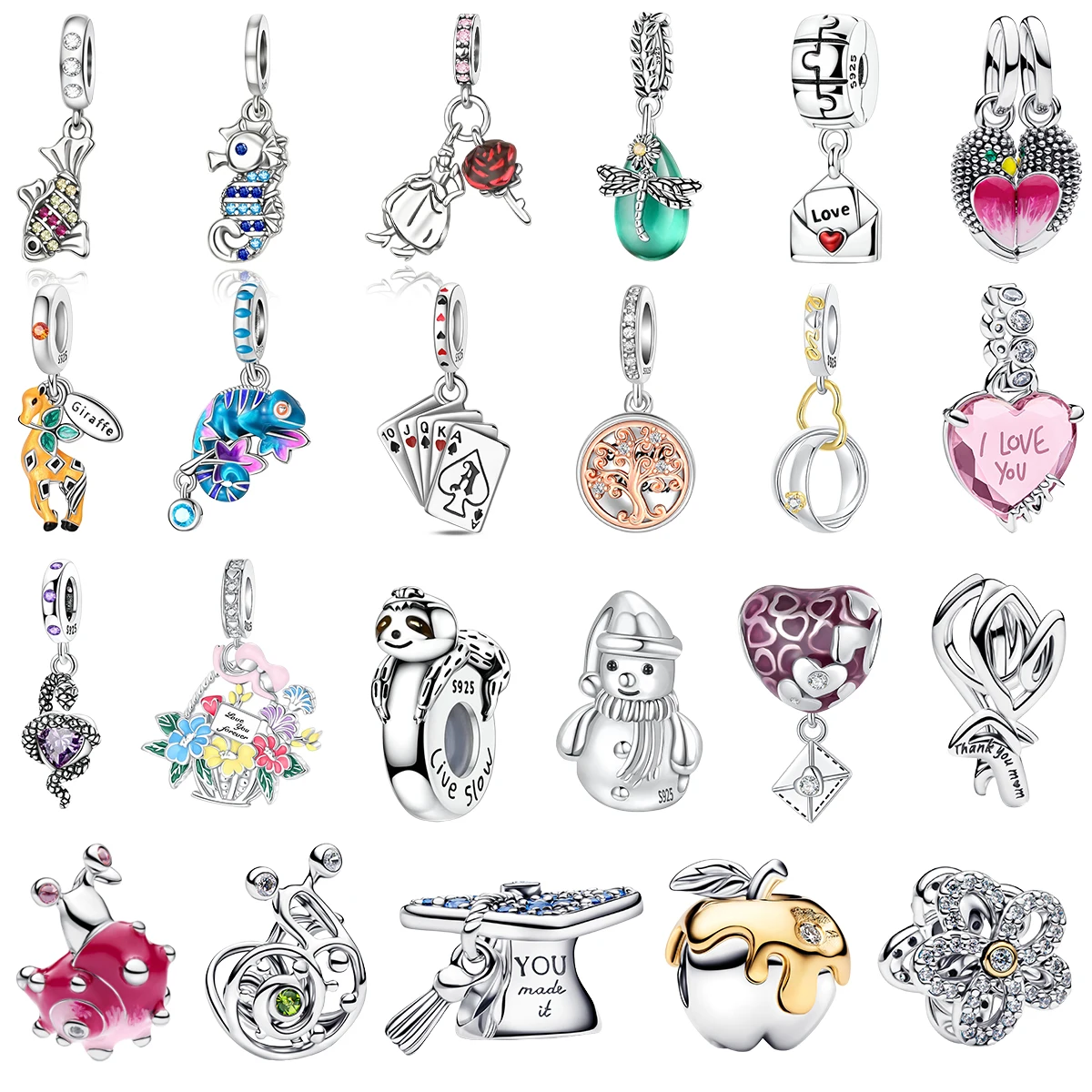 S925 Silver Plated Charm Keychain Bracelet Gift Fine Jewelry Fish Seahorse Giraffe Sloth Flower Heart Tree Inlaid Gem Beads DIY