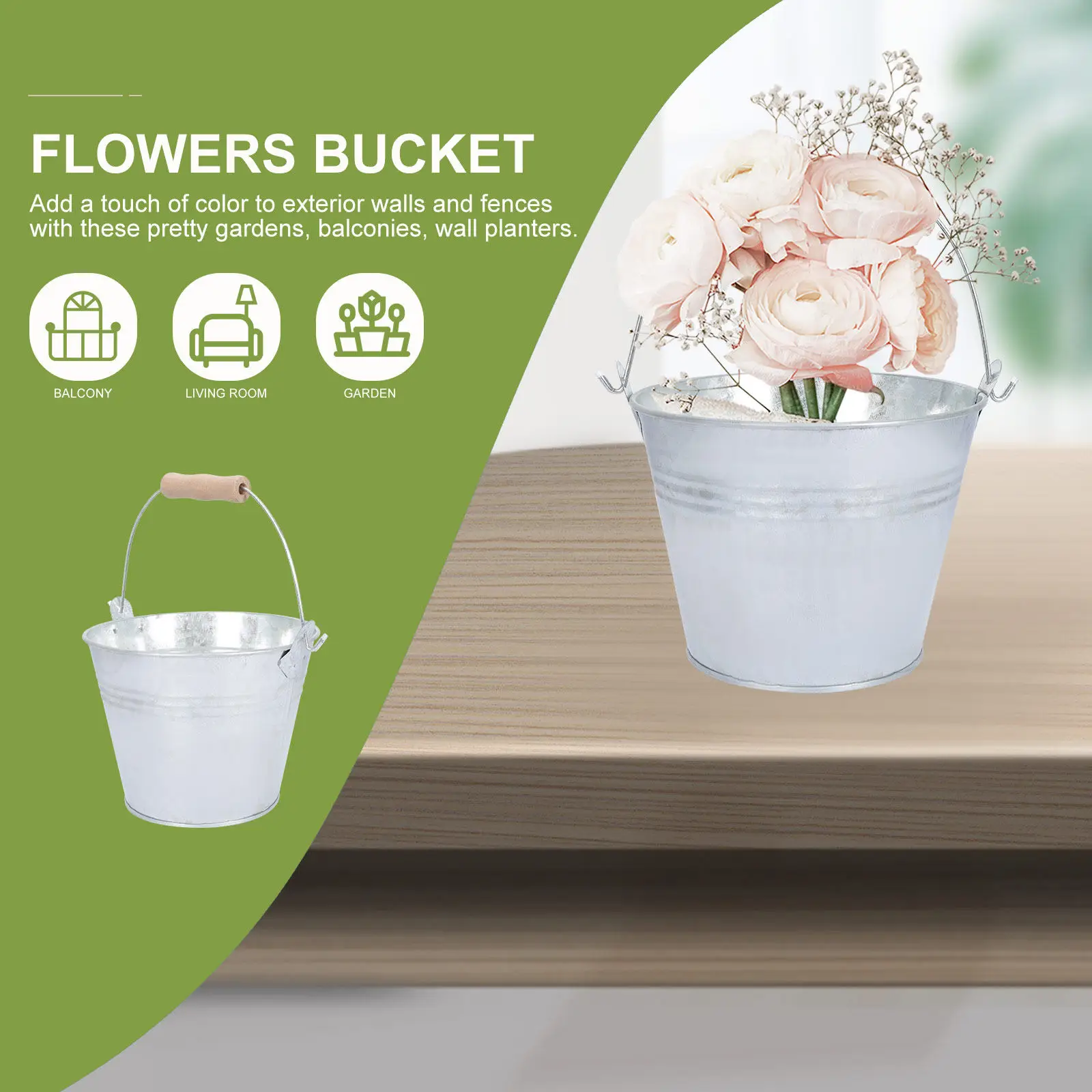 Wooden Handle Iron Flower Bucket 2 Pack Vintage Rustic Wall Hanging Planter for Home Garden Balcony Succulents