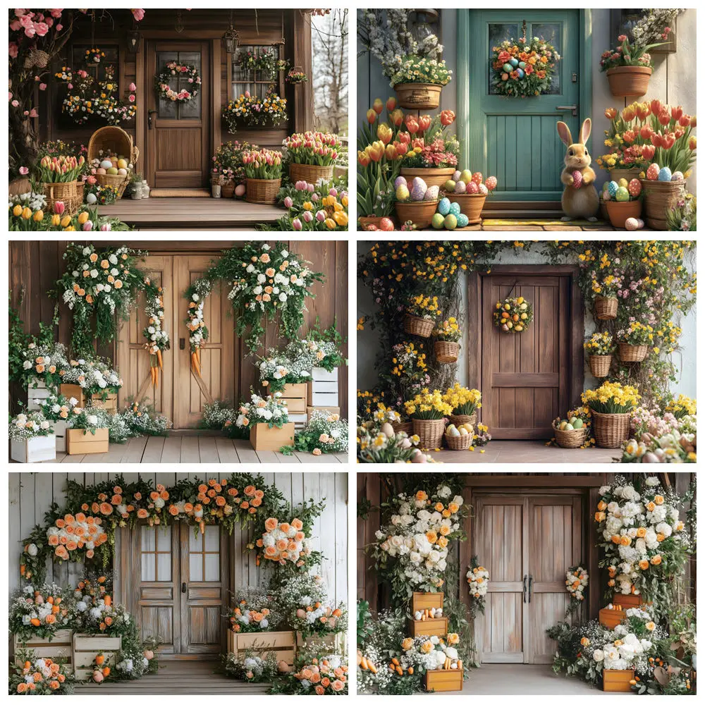 

Spring Easter Vintage Wooden House Background For Photography Wooden Door Flowers Tulip Eggs Kids Portrait Decor Photo Backdrop