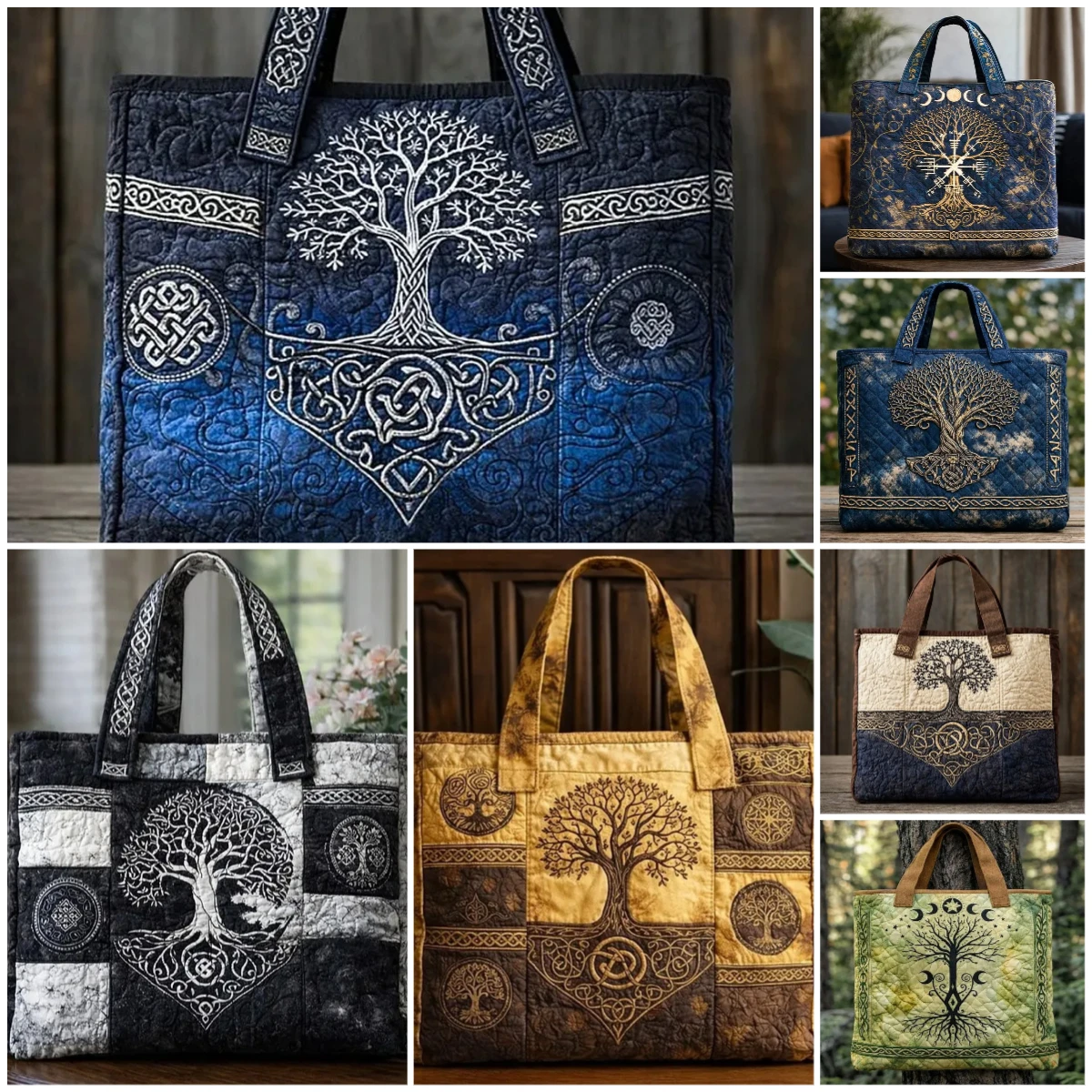 Tree of Life Quilted Tote Women Daily Shoulder Bag Celtic Knot Patchwork Handbag For Shopping