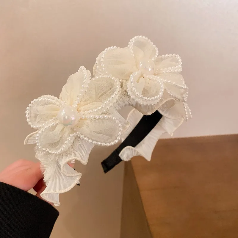 White Fabric Flower Hair Bands Women French Elegant Imitation Pearl Wide Headband Party Bridesmaid Wedding Hair Accessories B