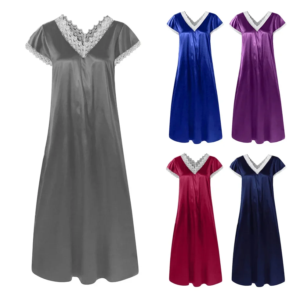 Silk Satin Sleepwear Women's Pajamas Lace Patchwork V-Neck Night Dress Female Nightgown Loose Casual Home Clothes Loungewear