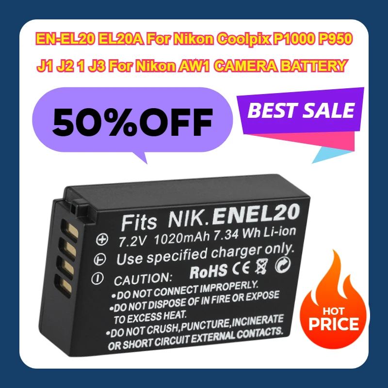 

1020MAH EN-EL20 EL20A For Nikon Coolpix P1000 P950 Nikon J1 J2 1 J3 for Nikon AW1 CAMERA BATTERY