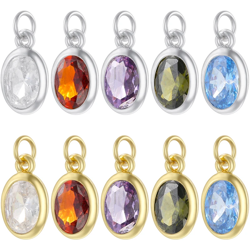 5Pcs/lot,18K Gold Plated Brass Oval CZ Charm Clear Cubic Zirconia Pendant with Open Ring For DIY Jewelry Accessories:VD2291