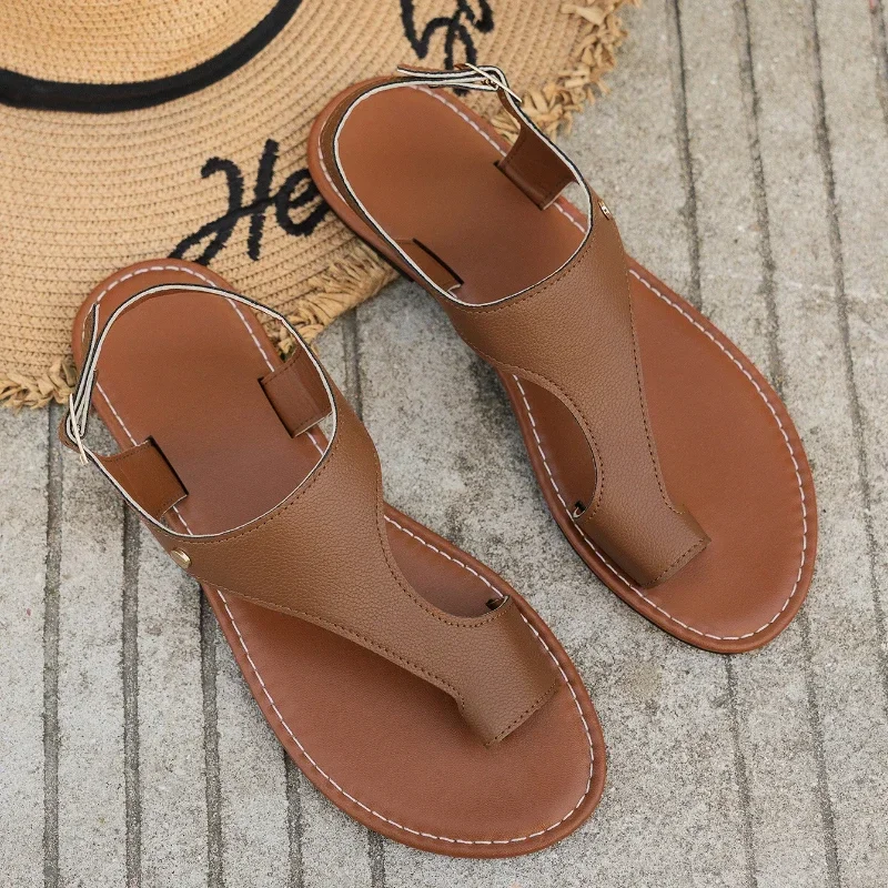 Women Minimalist Thong Sandals PU Leather Open Toe Ladies Beach Shoes Lightweight Soft for Women Sexy Slippers Sandals Buckle