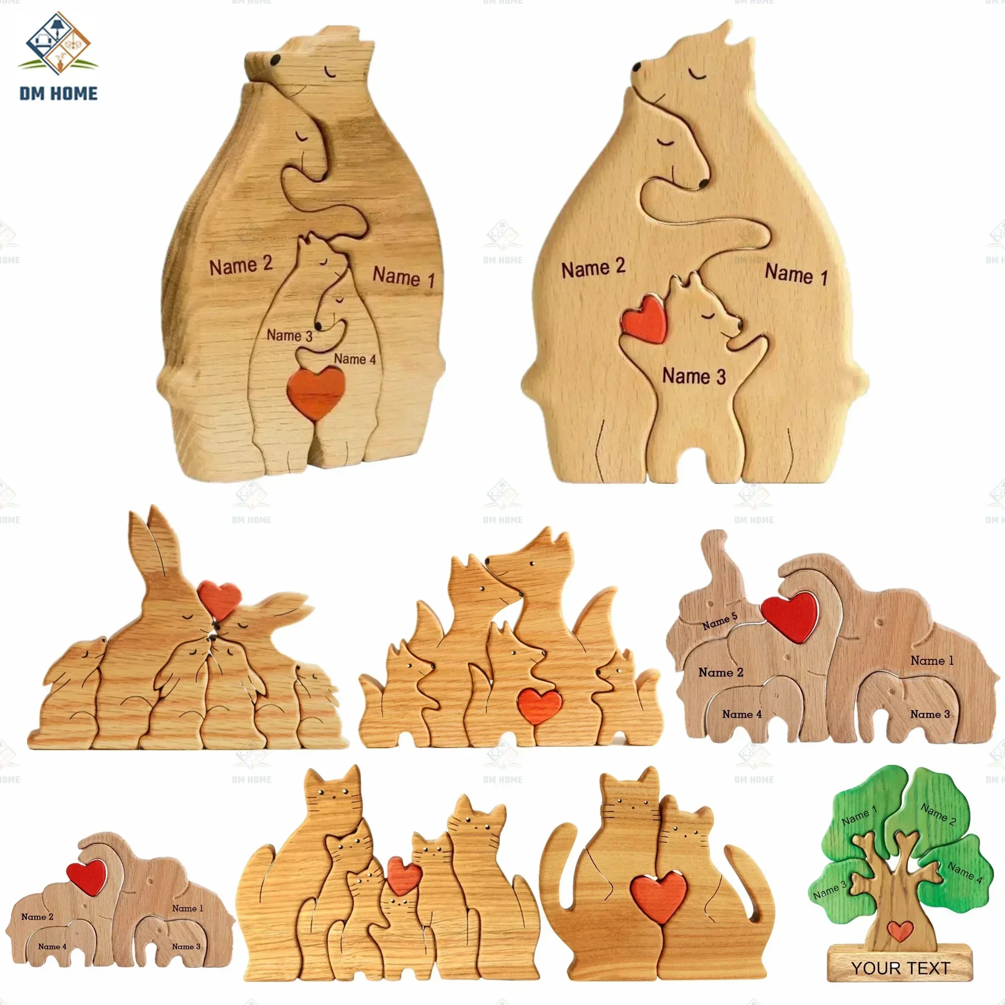 Free Engraving Custom Animal Family Wooden Puzzle Christmas Gift Bear Elephant Cat Lion Fox Sculpture 2-10 Names Personalized