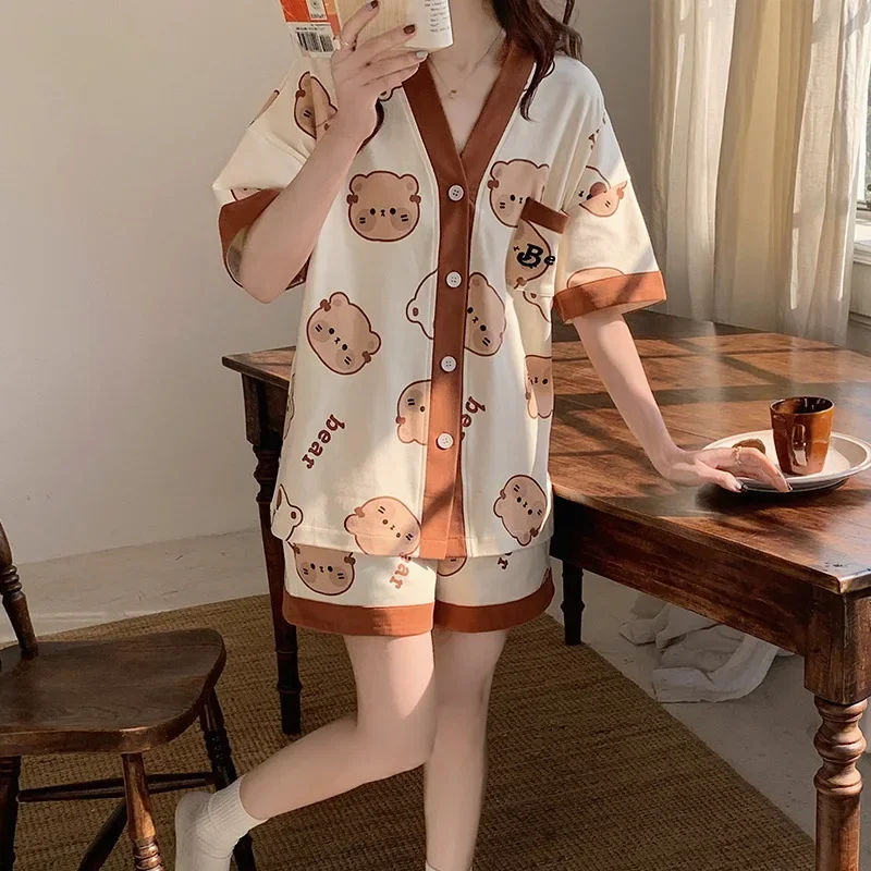 2023 Summer Women's Shorts and Blouse Sets Milk Silk Soft  Sleepwear 2 Pieces Outfit Pajamas Set Korean Loungewear Home Clothes