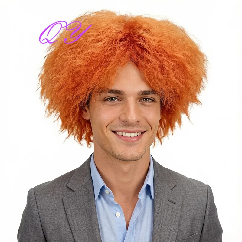 Men Short Orange Fluffy Afro Curly Wig Heat Resistant Synthetic Hair Wigs  Halloween Carnival Cosplay Party Costume Wig view 5