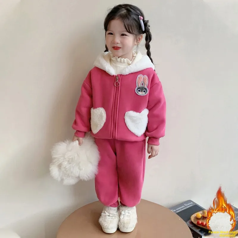 طقم سترة بقلنسوة للأطفال من Thiened Fce مكون من قطعتين للفتيات مجموعة شتوية دافئة غير رسمية