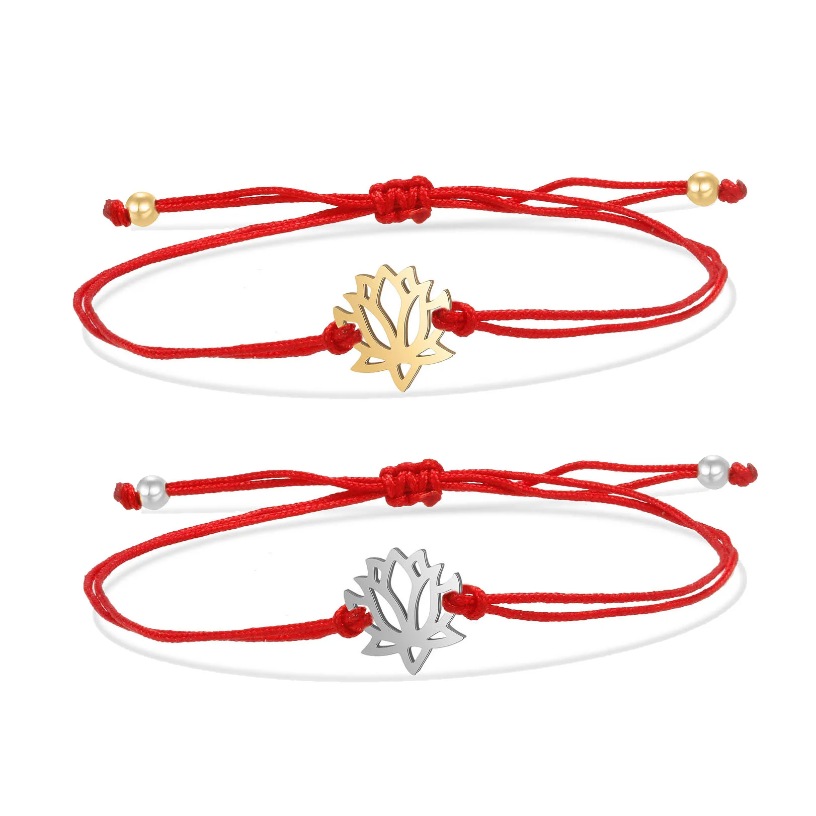 Gold-plated Stainless Steel Lotus Flower Charm Red String Handmade Bracelet Women Girl Cute Waterproof Cord Braided Jewelry Gift