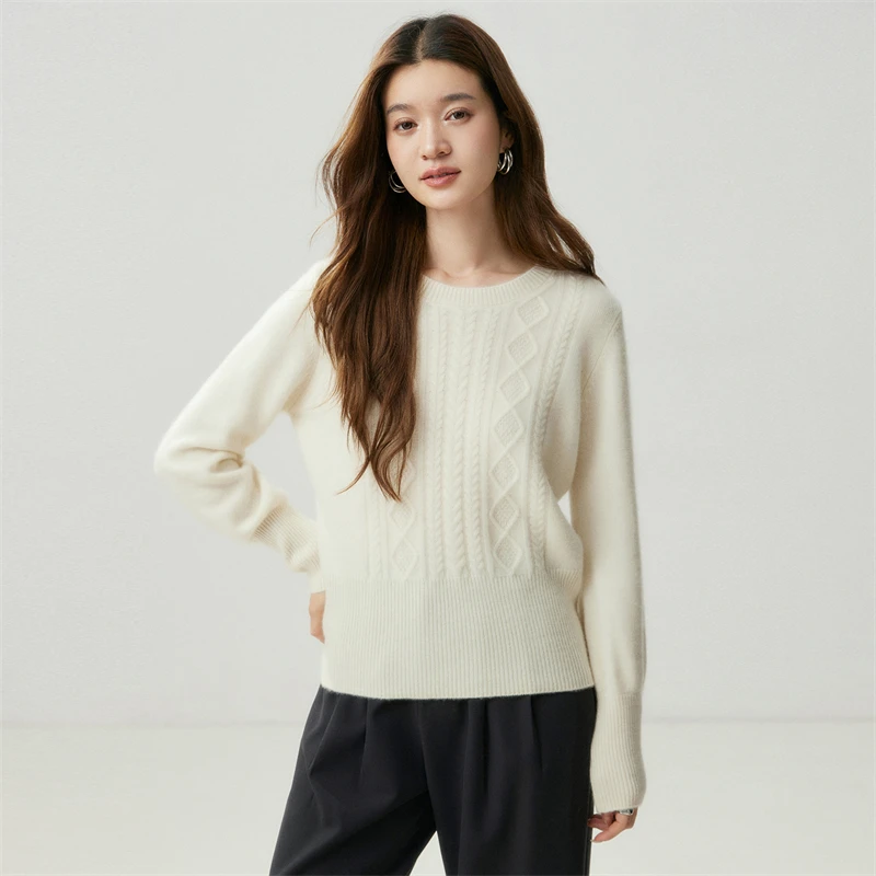 New 100% Cashmere O-Neck Cable‑Knit Long Ribbed Sweater Autumn Winter Thick Women Elegant Mature Minimalist Knit Pullover