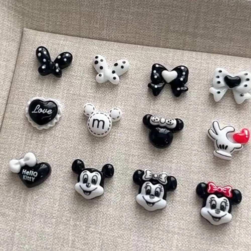 50個入り 3D ブラック ホワイト ミッキーマウス レジン ネイルアート チャーム Y2K ラブハート リボン ラインストーン ジュエリー 漫画キャラクター ネイルデコレーション