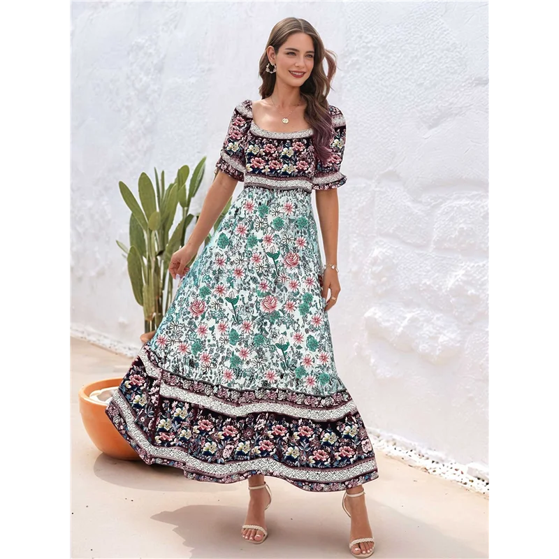 【Decoração de festa】 Vestido feminino verão 2025, ombro de fora, boho, estampa floral, em camadas, casual, fluido, longo, maxi