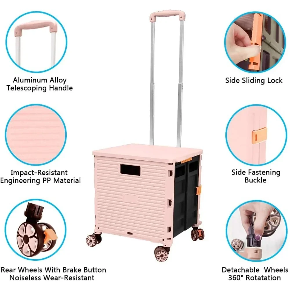 FELICON SELORSS Foldable Utility Cart Folding Portable Rolling Crate Handcart with Durable Heavy Duty Plastic Telescoping Handle