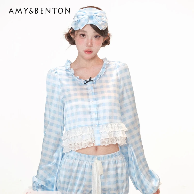 

2025 Early Autumn New Blue White Plaid Lace Splicing Women's Sun Protection Top Japanese Design Sweet Cute Shorts Set Ladies