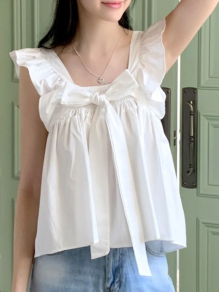 

Loose Women's Svel Vest Knot Tie Front And Ba Two-Way Wear Trendy Top Cotton Color Commute Sle