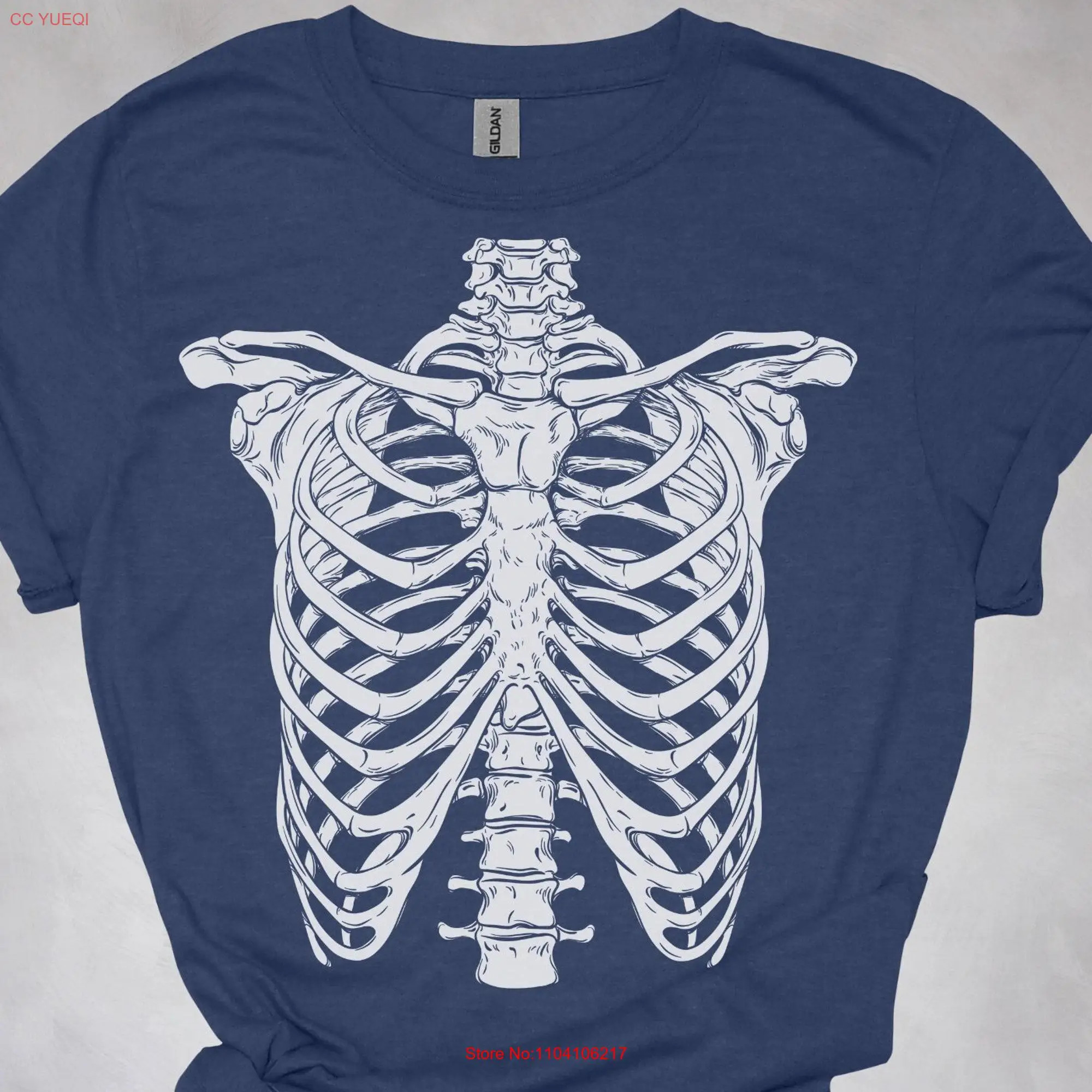 Skeleton Rib Vintage T Shirt Retro Cage Spooky 90s Skull Y2k Clothes long or short sleeves