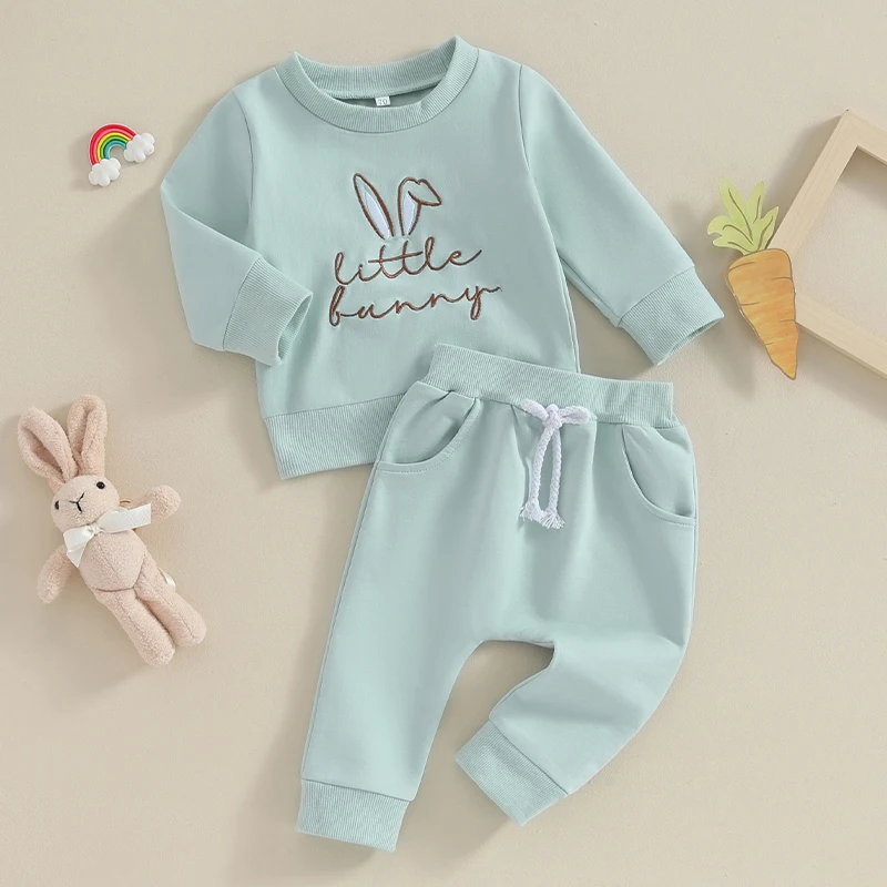 Adorable Baby Girls Easter Outfit with Bunny Embroidery Long Sleeve Sweatshirt and Elastic Waist Pants - Cute Spring Clothes