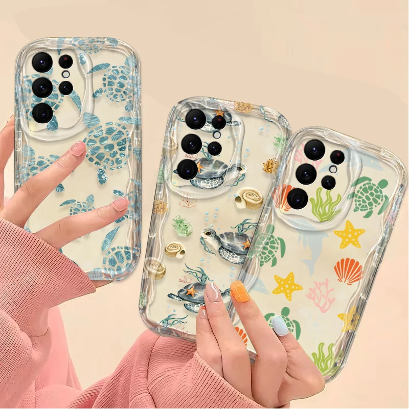 Summer Lovely Ocean Turtle 3D Wave Case For Samsung Galaxy S24 Ultra S23 S22 Plus S21 S20 FE A25 A55 A35 A15 A05 A05S Soft Cover