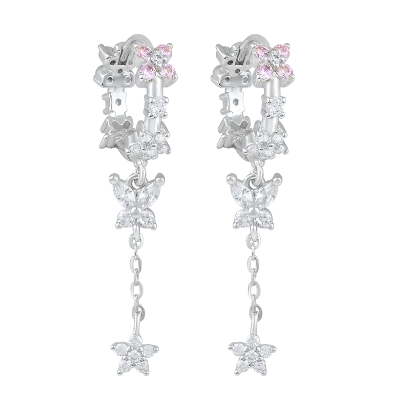 

925 Sterling Silver Ear Needle Fashion Pink White Zircon Butterfly Flower Chain Pendant Earrings Sweet Romantic Wedding Jewelry